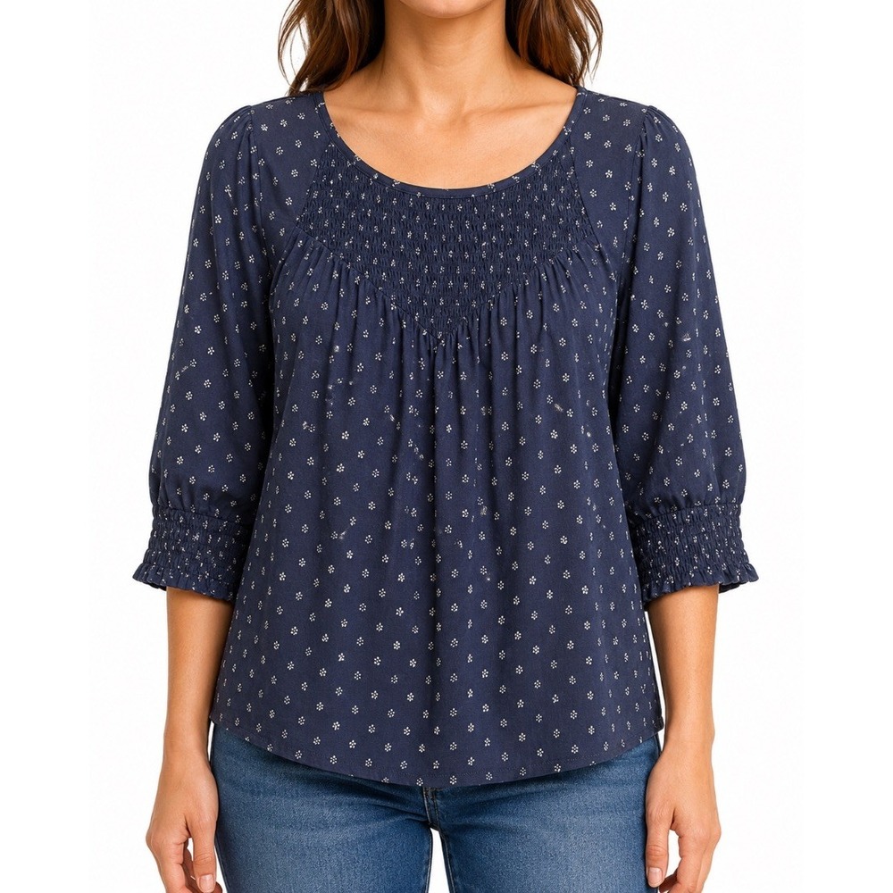 Lucky Brand Womens Navy Blue Floral Smocked Blouse Top 3/4 Sleeve XL